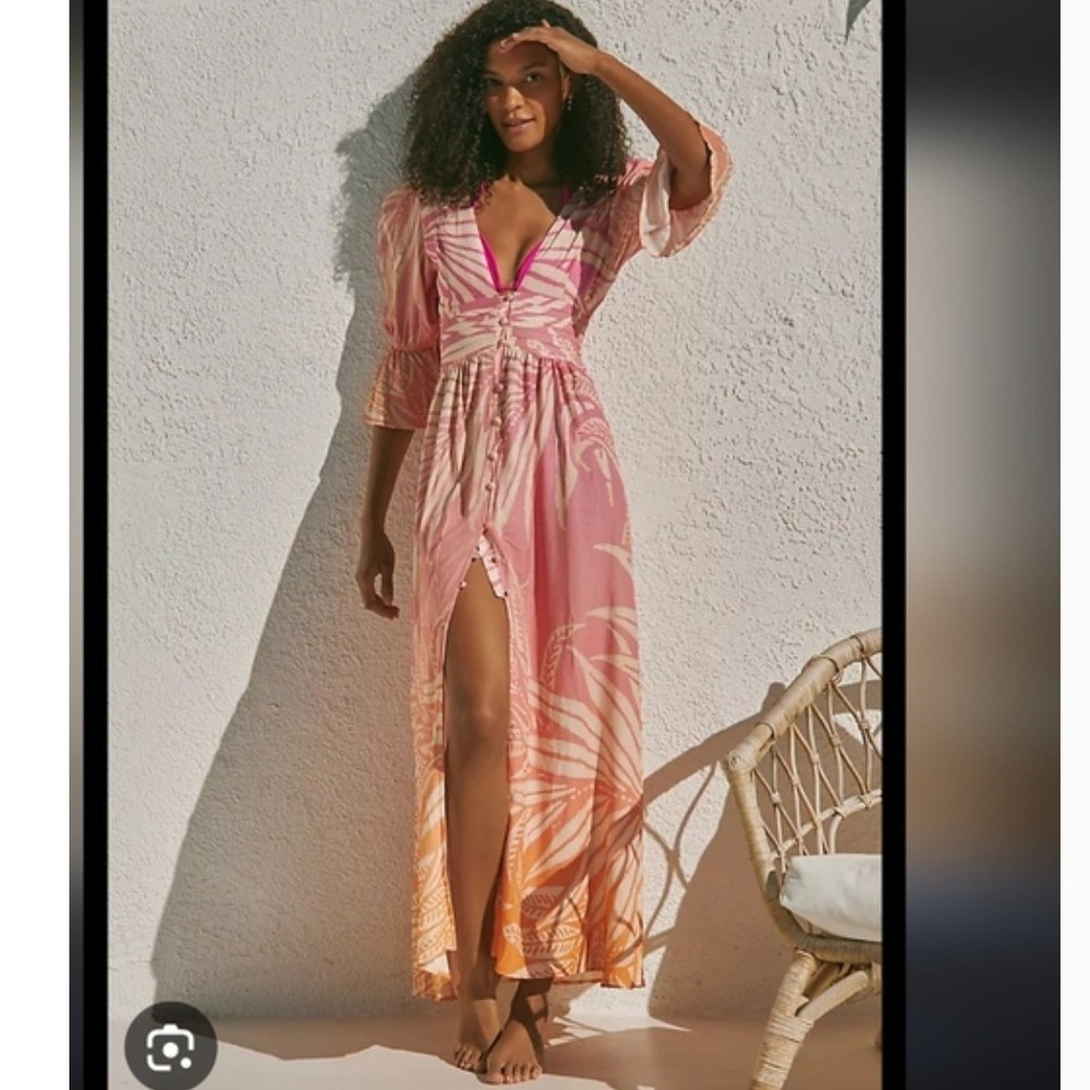 Maaji Pink Orange Tropical Palm Print Maxi Dress V-Neck Bell‎ Sleeve Small NWT